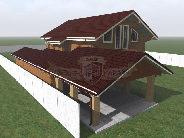 3d - модель гаража с навесом и дома на дачном участке