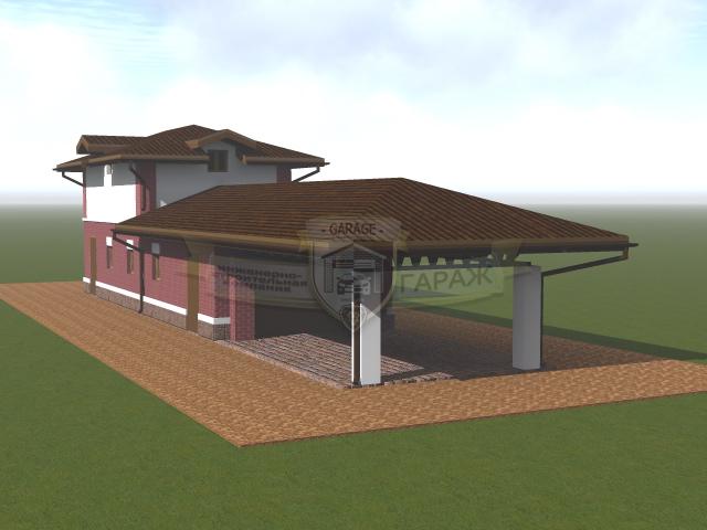 Проект гаража с навесом и жилой частью, фото строительства, визуализация в 3д модели